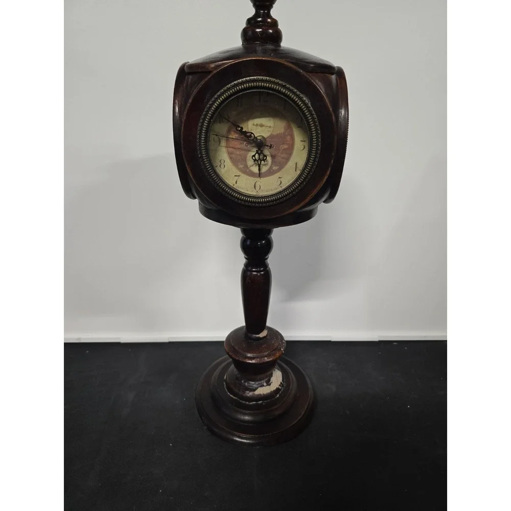 Vintage 4 Sided Wooden Pedestal Clock 1980s 4-Faced Table Mantel Clock Rustic